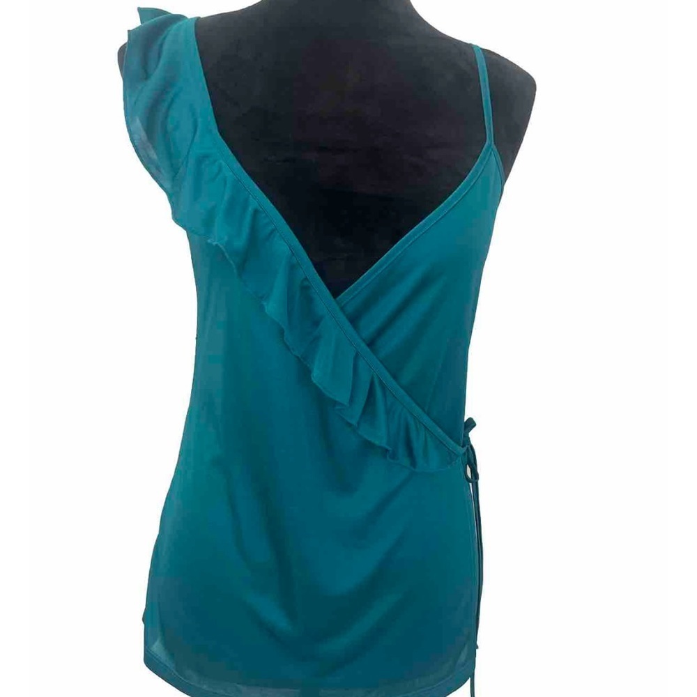 Women’s H&M size‎ M turquoise faux wrap blouse with ruffle. 100% polyester. NWOT